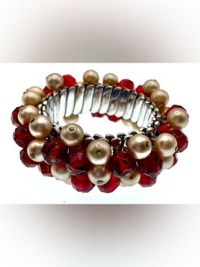 Vintage Red Cha Cha Bracelet Glass Beads & Faux Pearls Stretch Statement